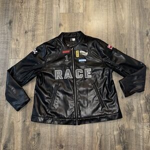 Divided H&M Men's Sz L Cafe Racer Faux Leather Jacket Zipup Black Motifs Biker